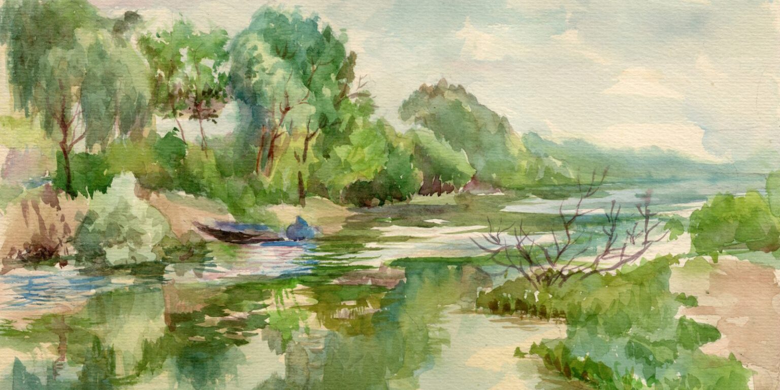 Watercolor painting of a riverbank with green trees and shrubs reflected in calm water under a cloudy sky, evoking the tranquil atmosphere found near affordable psychotherapy in Northern New Jersey.